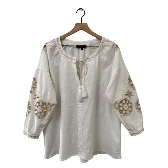 RD & koko Relaxed Fit White & Tan Embroidered Beaded Linen Blouse Size Large - Picture 1 of 10